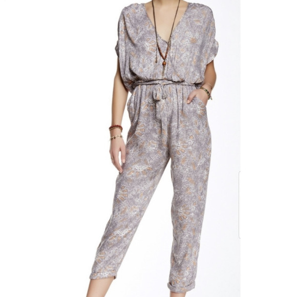 Free People Pants - Free People Boho Printed Jumpsuit Gray and White Size Medium